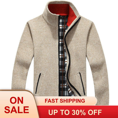 Winter Thick Men's Knitted Sweater Coat Off White Long Sleeve Cardigan Fleece Full Zip Male Causal Plus Size Clothing for Autumn