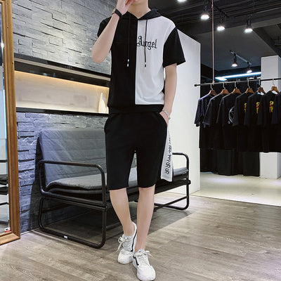 2020 Summer Mens Hooded Set Student Wear New Casual Patchwork Print T-Shirt + Shorts Harajuku 2 PCS Street Fashion Set Tracksuit