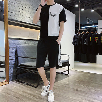 2020 Summer Mens Hooded Set Student Wear New Casual Patchwork Print T-Shirt + Shorts Harajuku 2 PCS Street Fashion Set Tracksuit